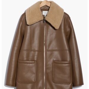 Mango Tan Faux Leather Jacket with Shearling Collar